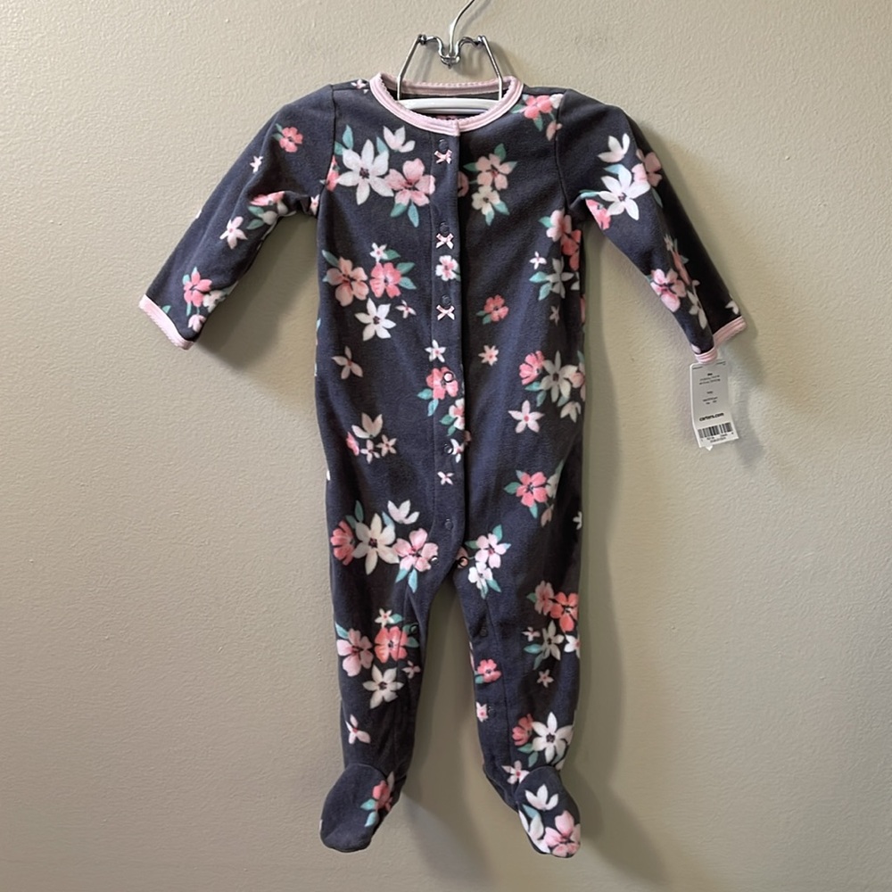 Carter's Baby Cozy Pajamas, Dark Grey with Pink & Coral Flower Print, Sz 9 Month